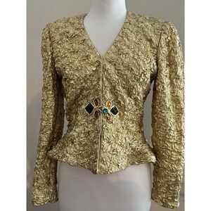 Farinae Collection Vintage Jeweled Gold Lame Textured Peplum Jacket Size 4